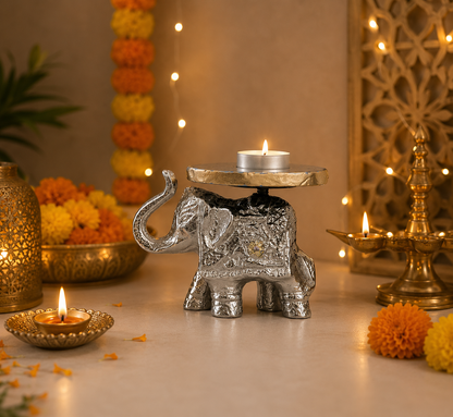 Glimmer Tusks - Silver Finish Metal Elephant Candle Holder Set of 4 with Agate base – Dining Table Use | Housewarming Gifting | Home DecorHolder Set of 4 with Agate base