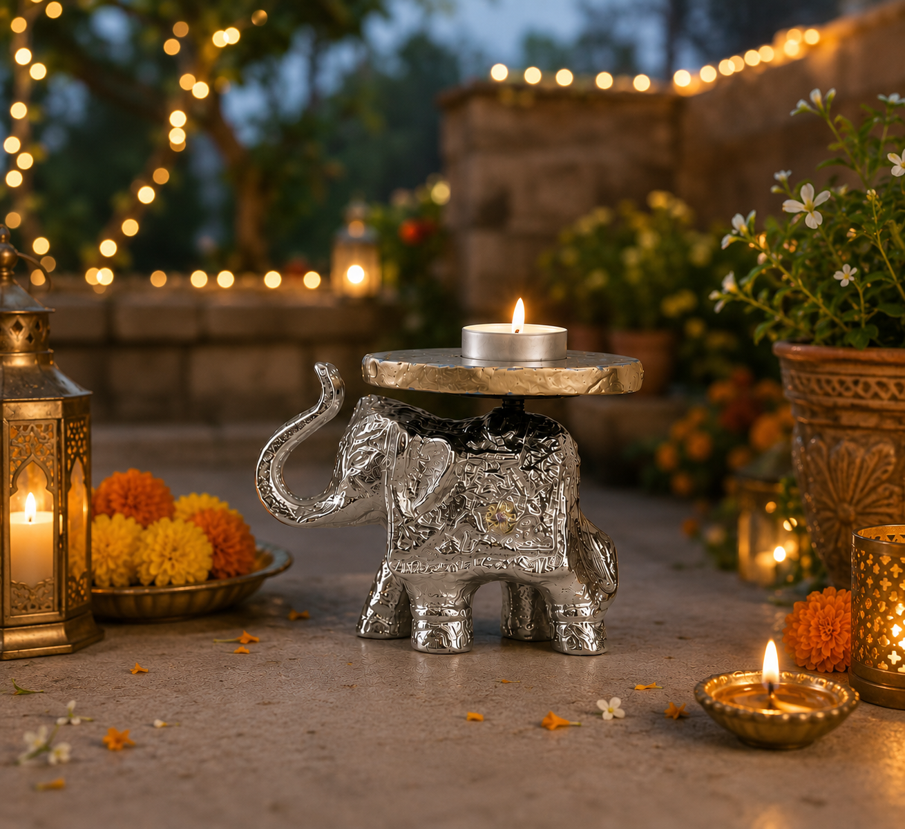 Glimmer Tusks - Silver Finish Metal Elephant Candle Holder Set of 4 with Agate base – Dining Table Use | Housewarming Gifting | Home DecorHolder Set of 4 with Agate base