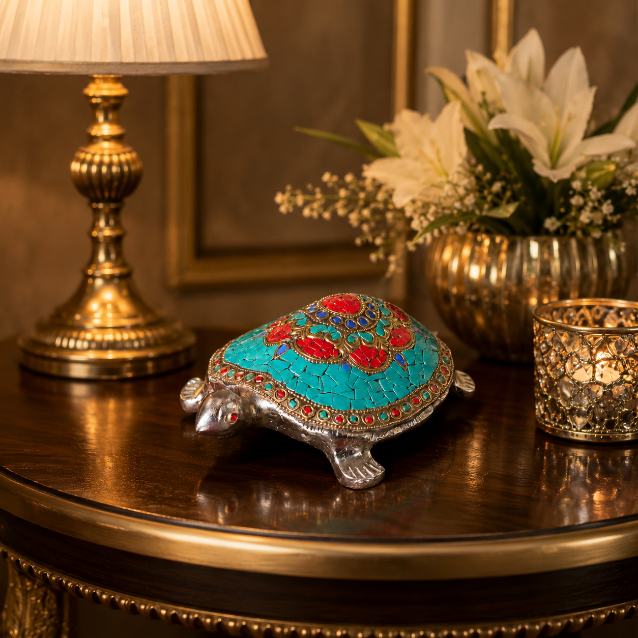 Raj Vilas Kachua – Silver Finish Metal Tortoise with Handcrafted Stonework – Premium Gifting | Home Decor | Vastu Decor | Feng Shui