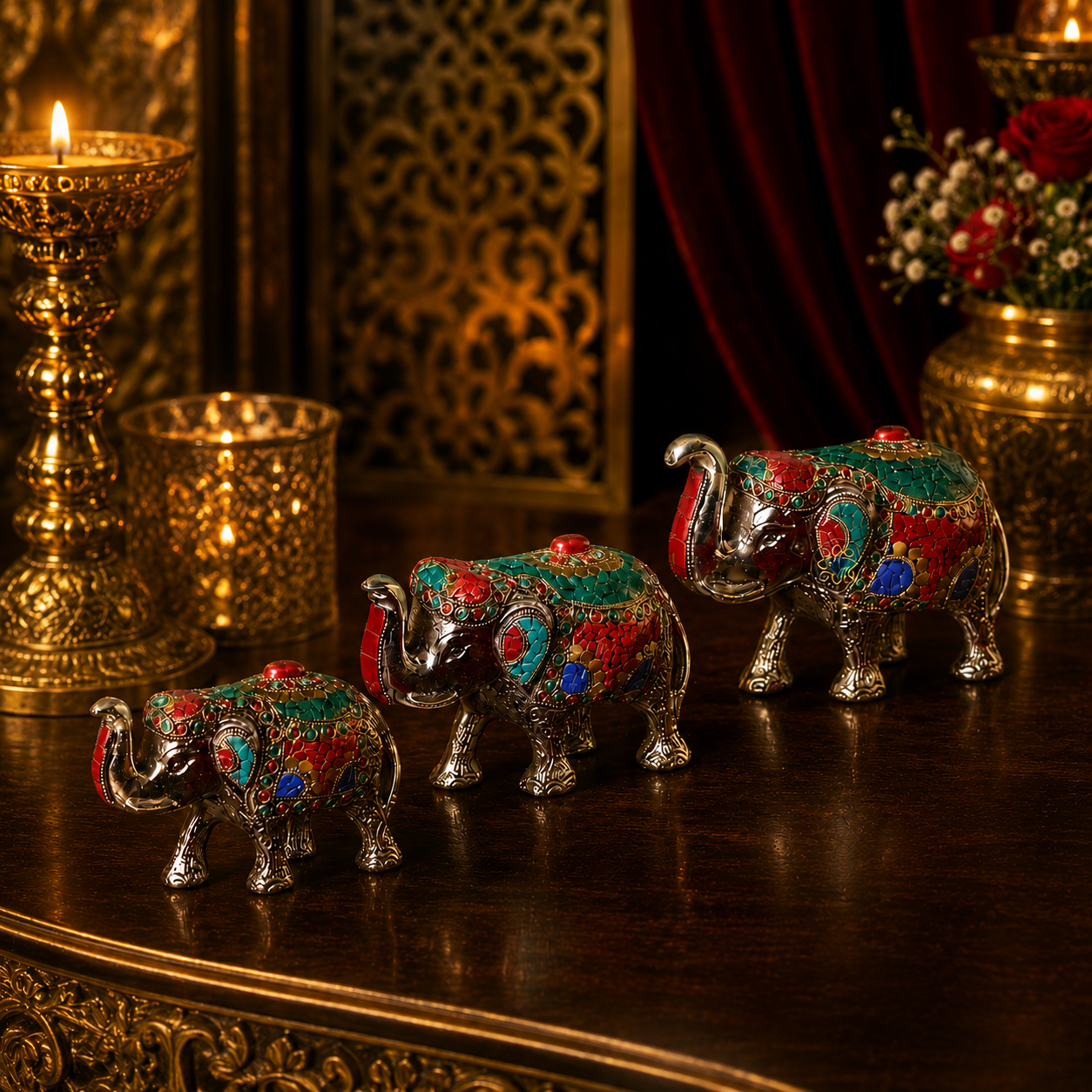 Raj Vilas Hathi Parivar – Silver Finish Elephant Family with Handcrafted Stonework – Dining Table Use | Premium Gifting | Home Decor | Vastu Decor | Feng Shui
