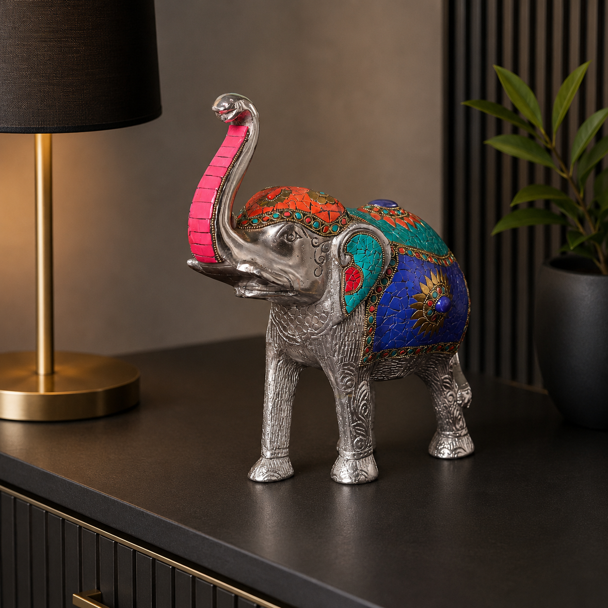 Raj Vilas Hathi – Silver Finish Metal Elephant with Handcrafted Stonework – Pooja Decor | Dining Table Use | Premium Gifting | Home Decor | Vastu Decor | Feng Shui