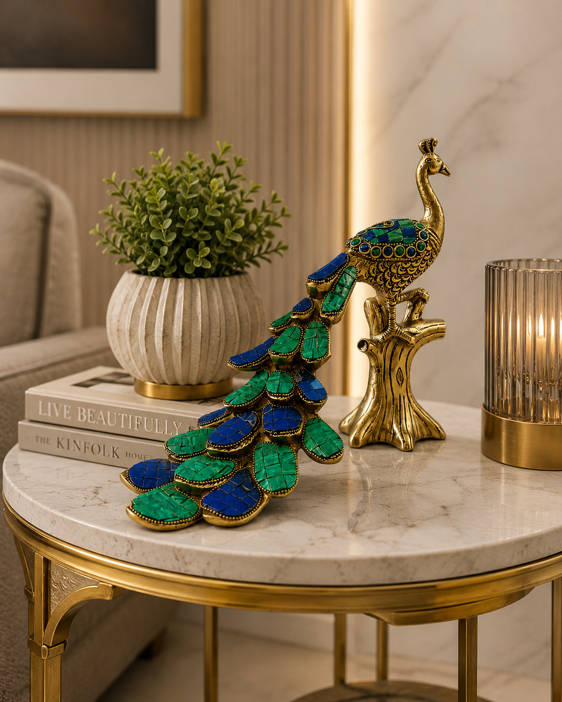 Vaikuntha Mayur – Majestic Pure Brass Peacock (Single) with Malachite Stone Work – Brass | Diwali Gifting | Home Decor | Housewarming Gift | Corporate Gifting
