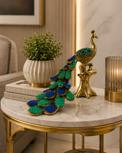 Vaikuntha Mayur – Majestic Pure Brass Peacock (Single) with Malachite Stone Work – Brass | Diwali Gifting | Home Decor | Housewarming Gift | Corporate Gifting