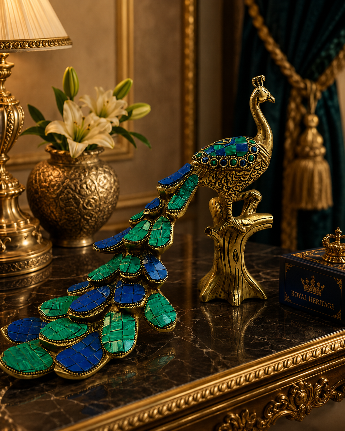Vaikuntha Mayur – Majestic Pure Brass Peacock (Single) with Malachite Stone Work – Brass | Diwali Gifting | Home Decor | Housewarming Gift | Corporate Gifting