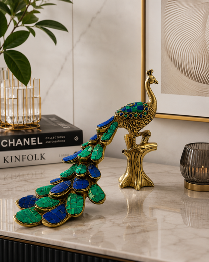 Vaikuntha Mayur – Majestic Pure Brass Peacock (Single) with Malachite Stone Work – Brass | Diwali Gifting | Home Decor | Housewarming Gift | Corporate Gifting
