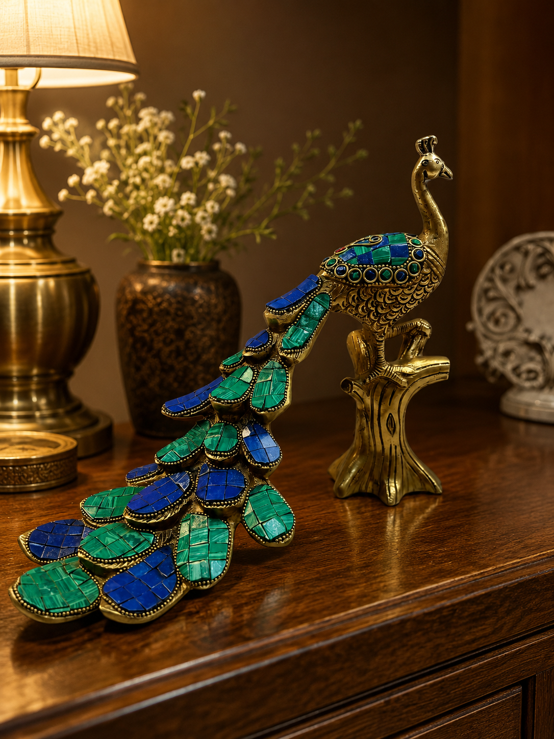 Vaikuntha Mayur – Majestic Pure Brass Peacock (Single) with Malachite Stone Work – Brass | Diwali Gifting | Home Decor | Housewarming Gift | Corporate Gifting