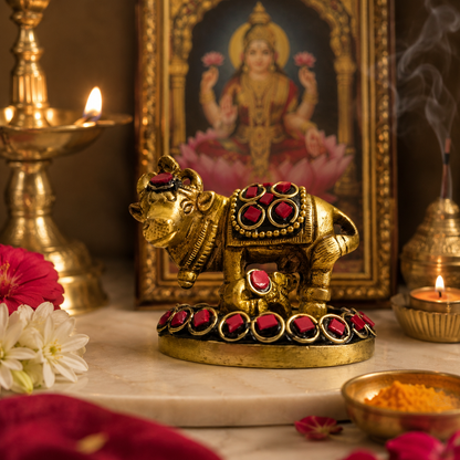 Kamdhenu Saubhagya  Red Small – Stonework Finish Brass Cow-Calf Pair on Embellished Base – Brass | Diwali Gifting | Home Decor | Housewarming Gift | Corporate Gifting