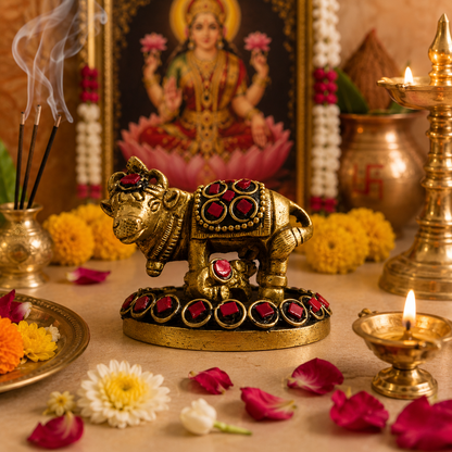 Kamdhenu Saubhagya  Red Small – Stonework Finish Brass Cow-Calf Pair on Embellished Base – Brass | Diwali Gifting | Home Decor | Housewarming Gift | Corporate Gifting