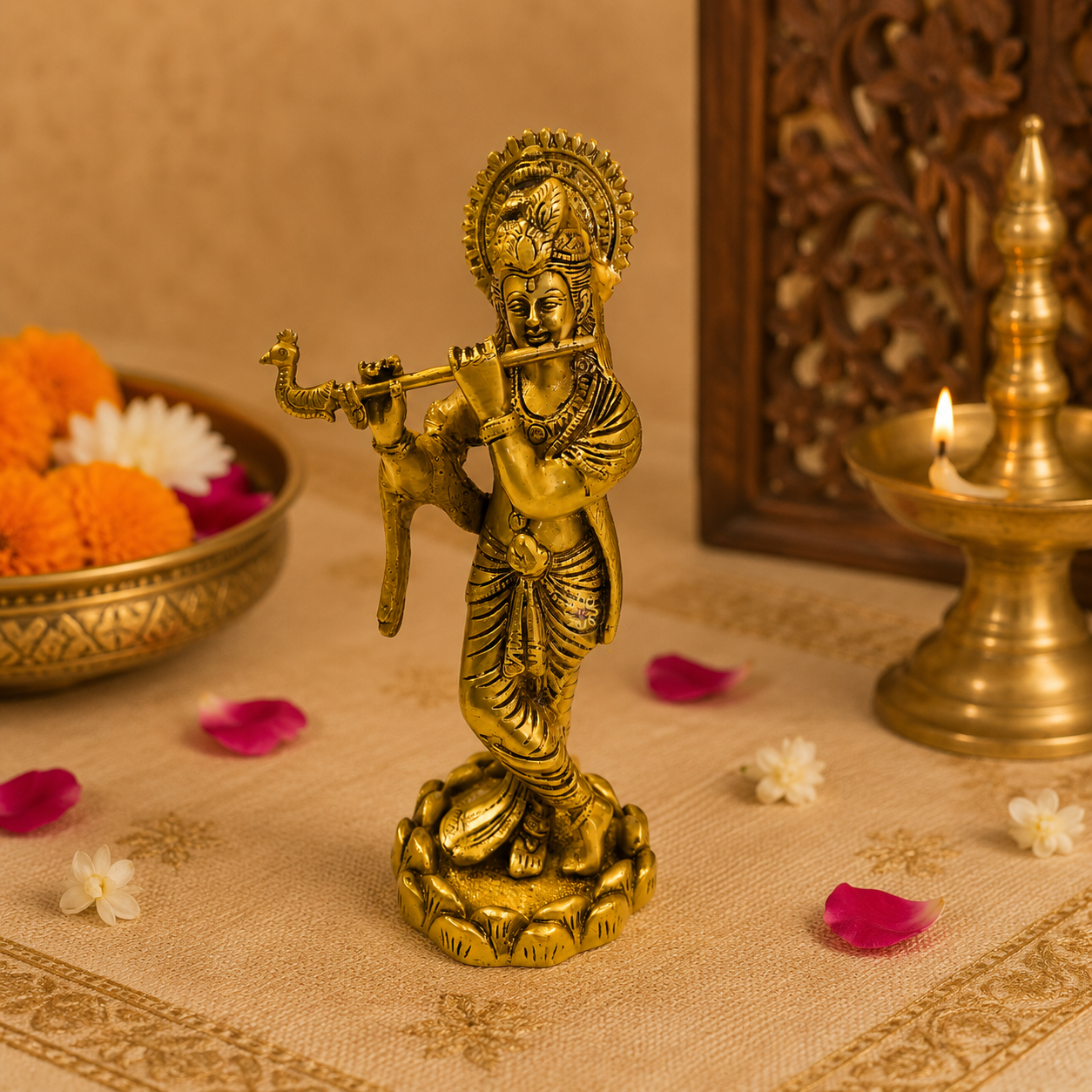 Murali Manohar – Brass Krishna Idol in Graceful Flute-Playing Pose – Brass | Pooja Decor | Housewarming Gift | Home Decor