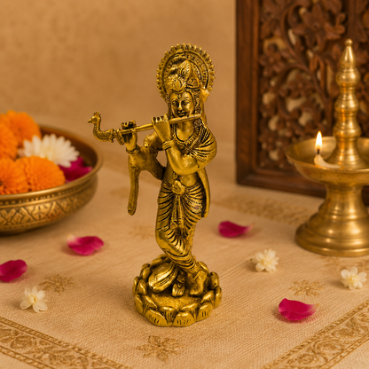 Murali Manohar – Brass Krishna Idol in Graceful Flute-Playing Pose – Brass | Pooja Decor | Housewarming Gift | Home Decor