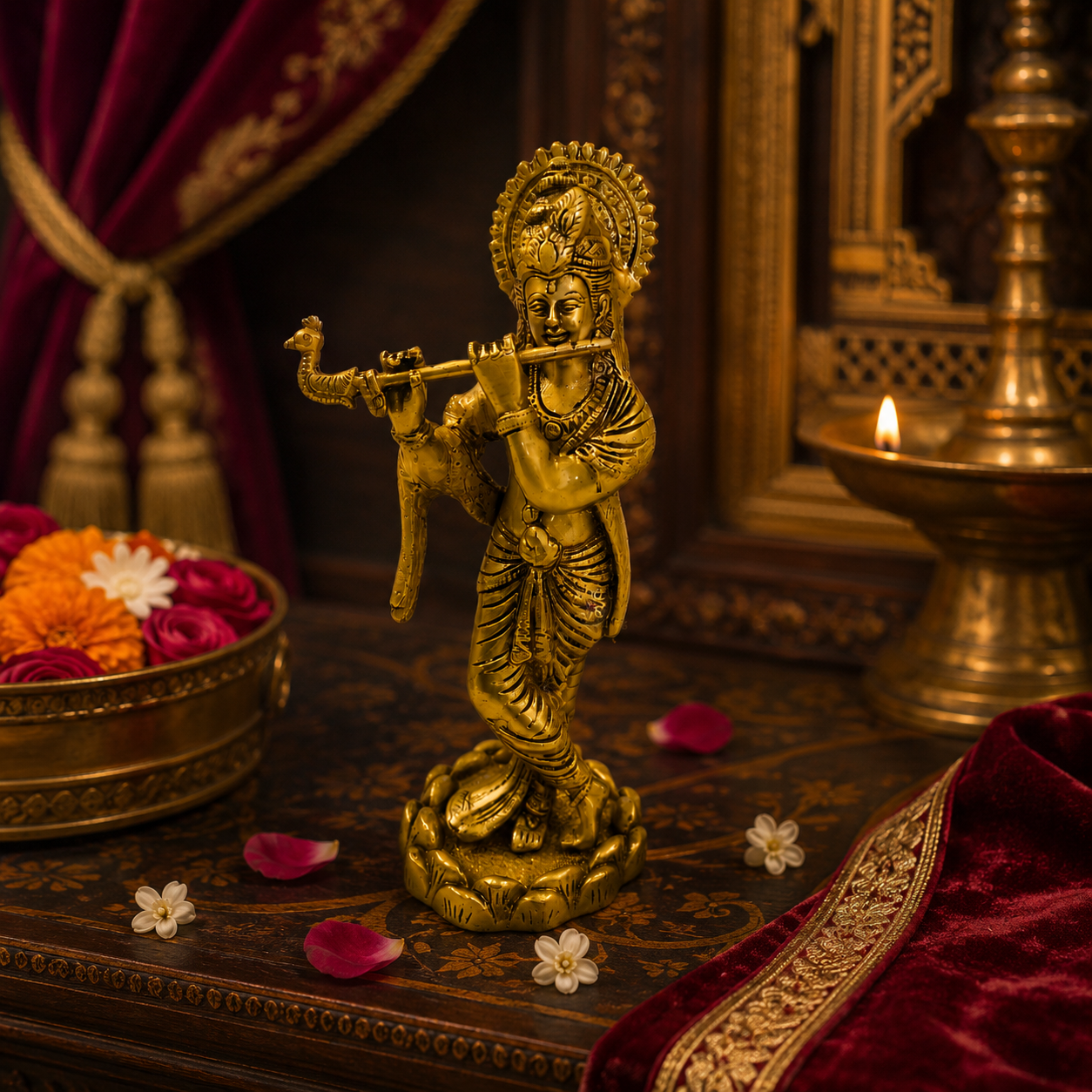 Murali Manohar – Brass Krishna Idol in Graceful Flute-Playing Pose – Brass | Pooja Decor | Housewarming Gift | Home Decor