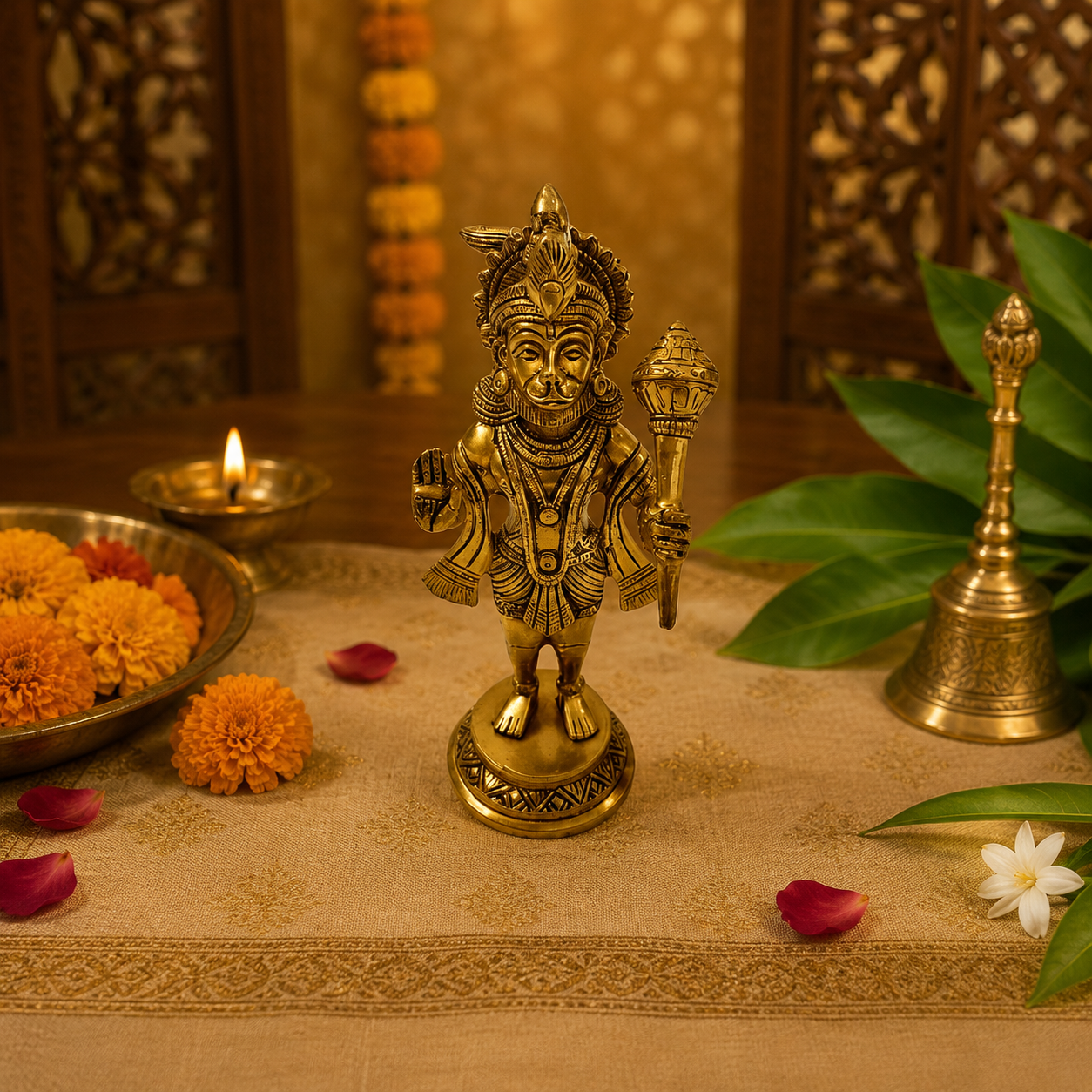 PavanPutra Pratima – Brass Hanuman ji Idol in Protective Blessing Pose – Brass | Pooja Decor | Housewarming Gift | Home Decor