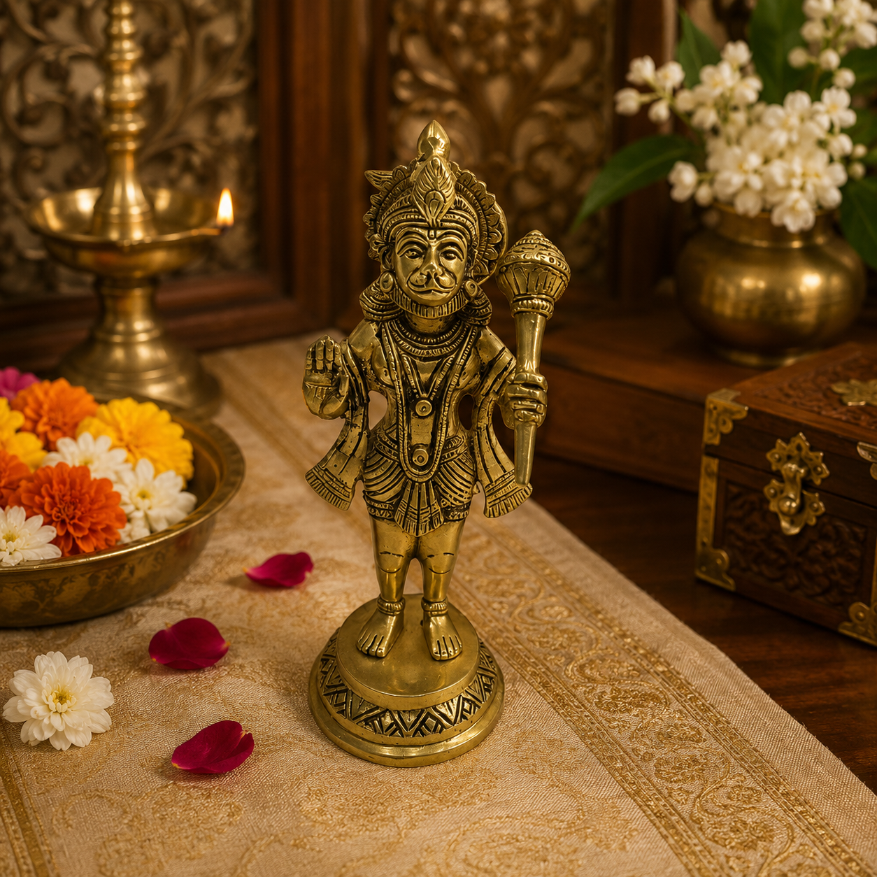 PavanPutra Pratima – Brass Hanuman ji Idol in Protective Blessing Pose – Brass | Pooja Decor | Housewarming Gift | Home Decor
