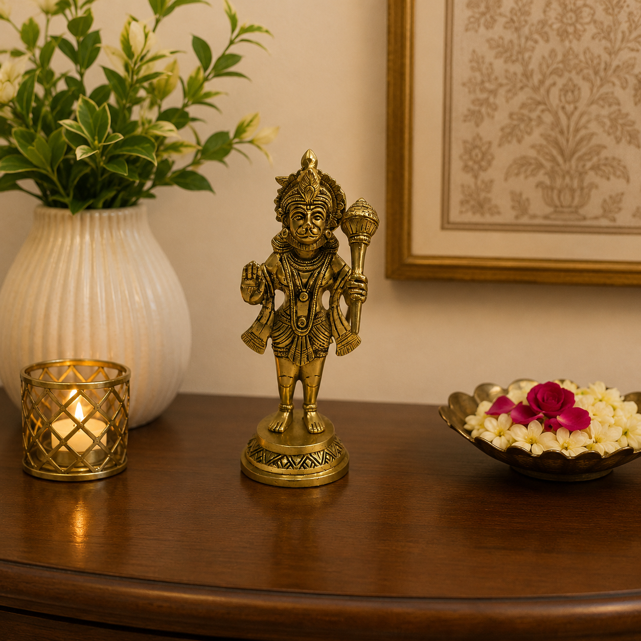 PavanPutra Pratima – Brass Hanuman ji Idol in Protective Blessing Pose – Brass | Pooja Decor | Housewarming Gift | Home Decor
