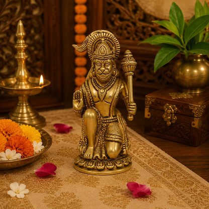 Mahaveer Kripa Murti – Brass Hanuman ji Sculpture in Kneeling Blessing Posture – Brass | Pooja Decor | Housewarming Gift | Home Decor