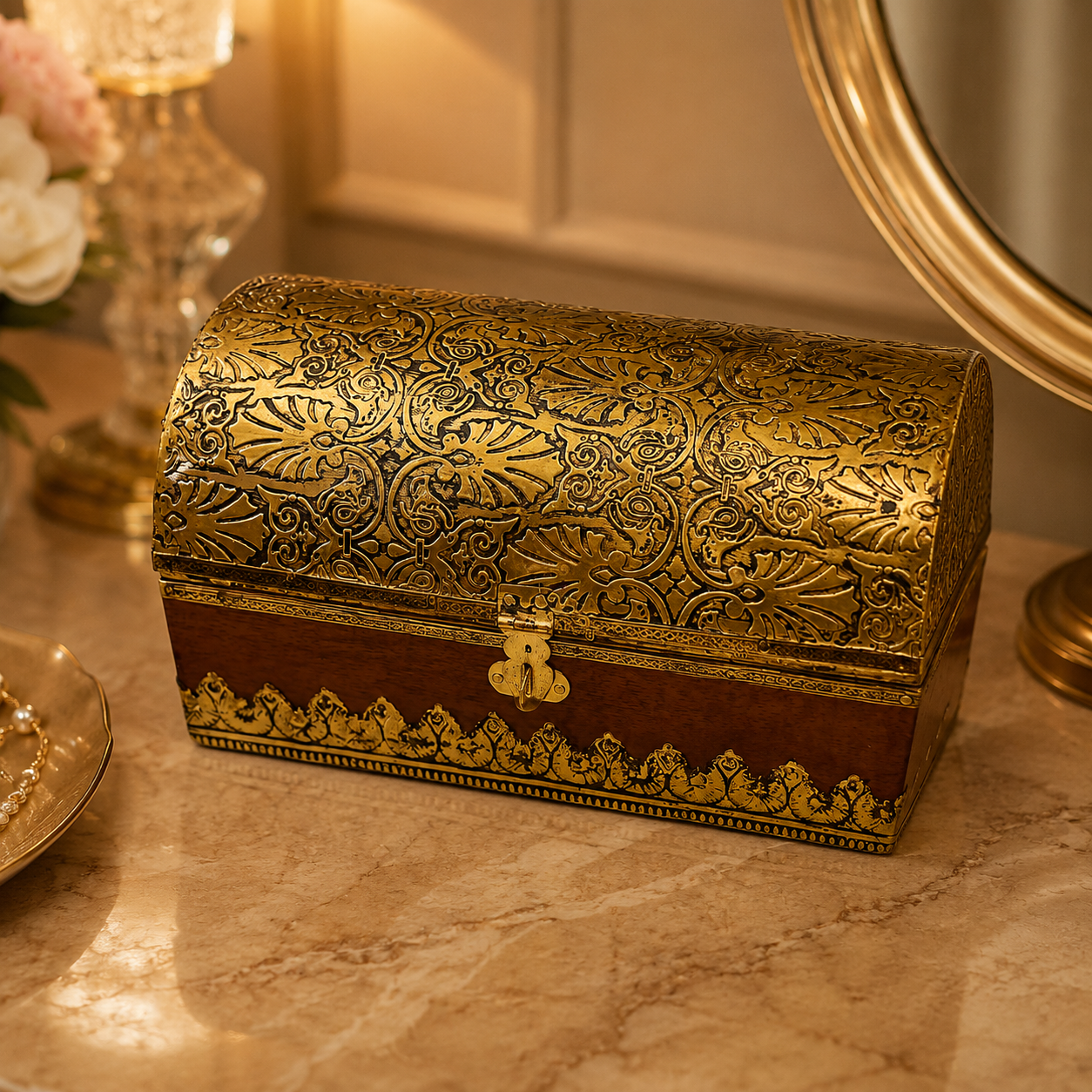 Kanaka Kosh Treasure Box – Wooden Sandook with Ornate Brass Lid – Brass | Diwali Gifting | Home Decor | Housewarming Gift | Corporate Gifting