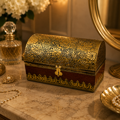 Kanaka Kosh Treasure Box – Wooden Sandook with Ornate Brass Lid – Brass | Diwali Gifting | Home Decor | Housewarming Gift | Corporate Gifting