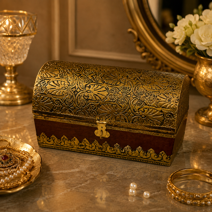 Kanaka Kosh Treasure Box – Wooden Sandook with Ornate Brass Lid – Brass | Diwali Gifting | Home Decor | Housewarming Gift | Corporate Gifting