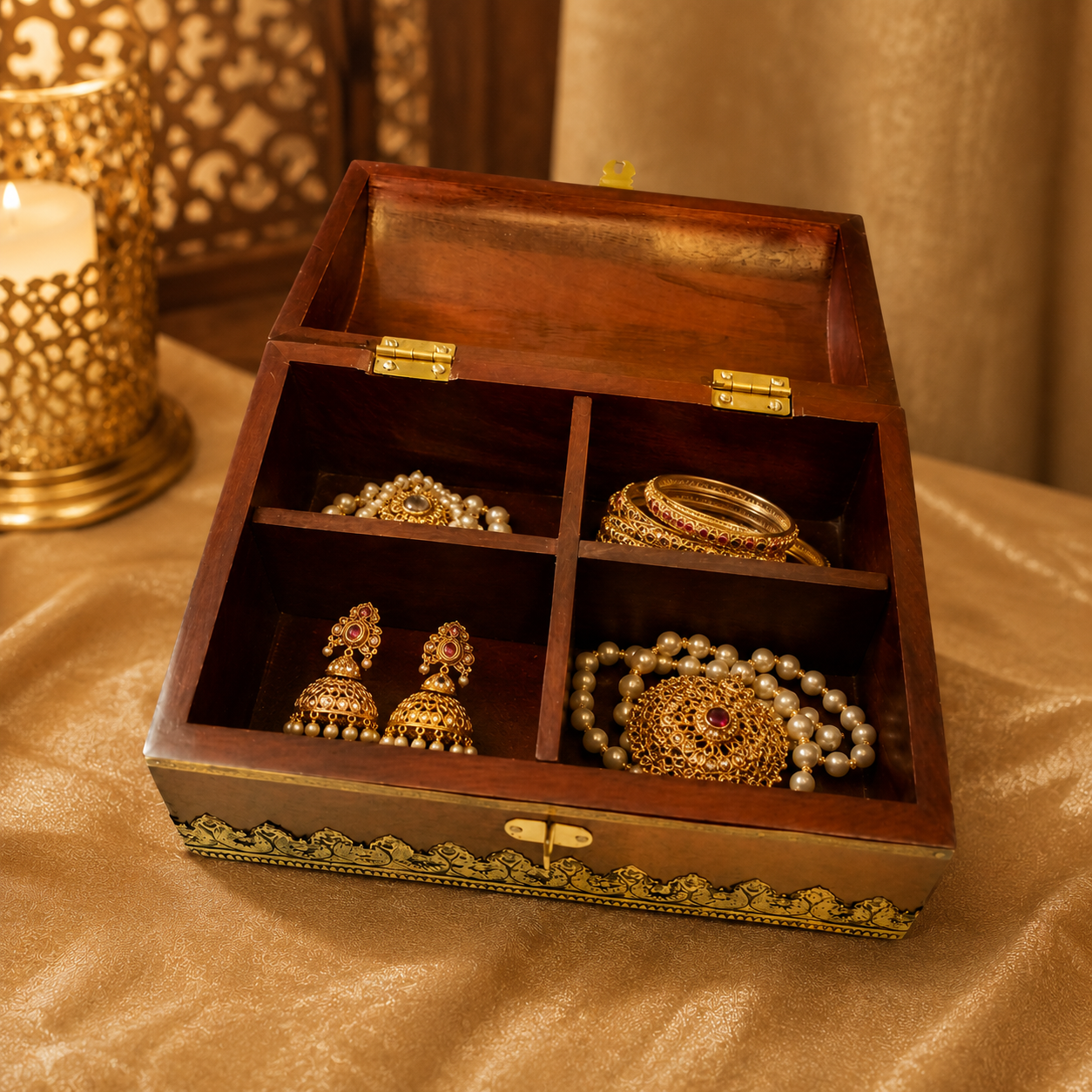 Kanaka Kosh Treasure Box – Wooden Sandook with Ornate Brass Lid – Brass | Diwali Gifting | Home Decor | Housewarming Gift | Corporate Gifting
