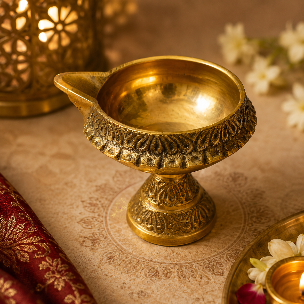 SthirJyoti Diya – Raised Pure Brass Oil Lamp – Brass | Pooja Decor | Diwali Gifting | Home Decor | Housewarming Gift