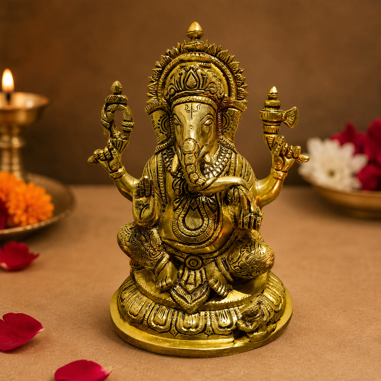 Aaradhya Vighnaharta – Brass Idol for Auspicious Beginnings (Gold Finish) – Brass | Pooja Decor | Wedding Gift | Home Decor | Housewarming Gift