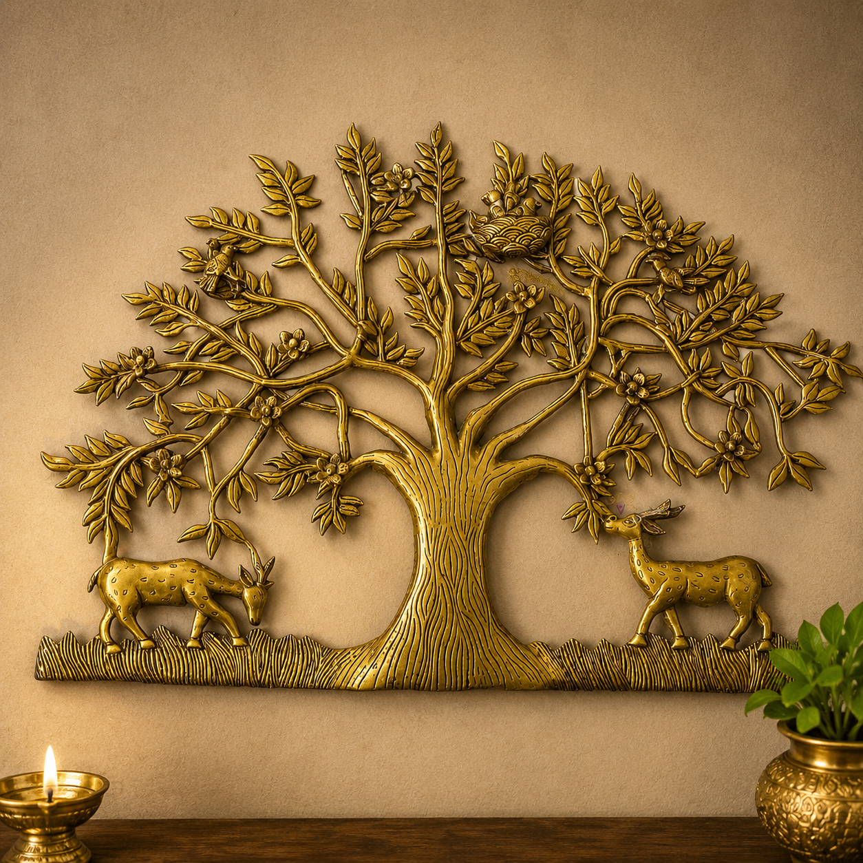 Divya Kalpavriksha – Brass Wall Hanging of the Wish-Fulfilling Tree with Deers & Birds – Brass | Wall Decor | Home Decor