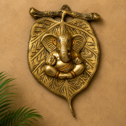 PatraVighnaharta – Brass Ganesh ji Wall Hanging on Sacred Leaf Design – Brass | Pooja Decor | Wedding Gift | Home Decor | Housewarming Gift