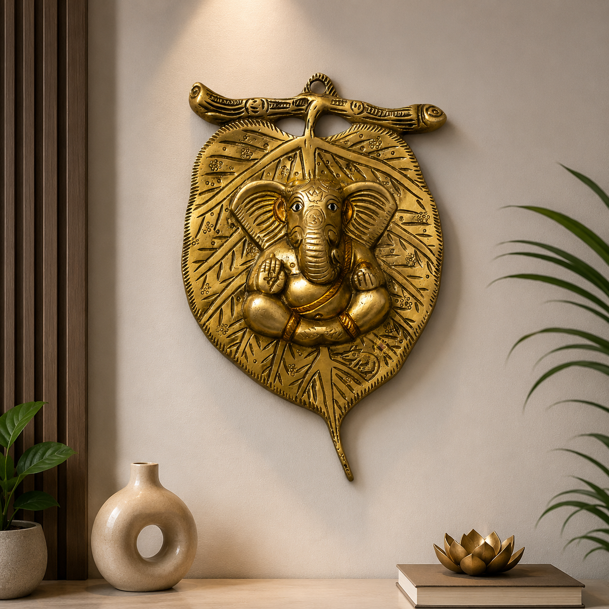 PatraVighnaharta – Brass Ganesh ji Wall Hanging on Sacred Leaf Design – Brass | Pooja Decor | Wedding Gift | Home Decor | Housewarming Gift