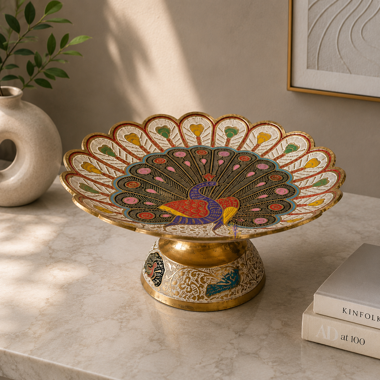 Rasrang Mayur Thaal – 7 inch Handcrafted Brass Platter with Colourful Meenakari Work – Brass | Diwali Gifting | Home Decor | Housewarming Gift | Wedding Gift