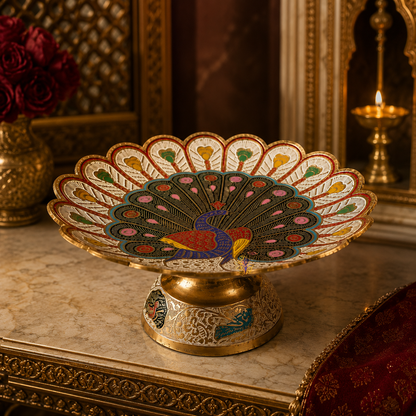 Rasrang Mayur Thaal – 7 inch Handcrafted Brass Platter with Colourful Meenakari Work – Brass | Diwali Gifting | Home Decor | Housewarming Gift | Wedding Gift