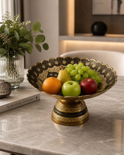 Kshitij Kala Thaal – Horizon-Hued Brass Platter with Ornate Grey Detailing (Pedastal Thaal) – Brass | Diwali Gifting | Home Decor | Housewarming Gift | Corporate Gifting