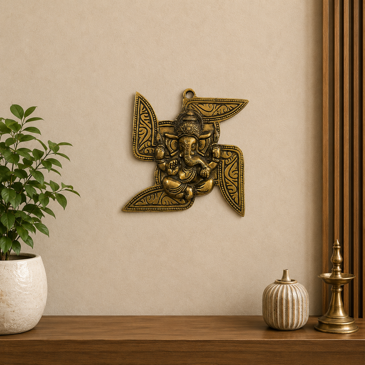 Vighnaharta Swastik – Brass Wall Hanging of Ganesh ji & Swastik Antique FInish – Brass | Pooja Decor | Wedding Gift | Home Decor | Housewarming Gift