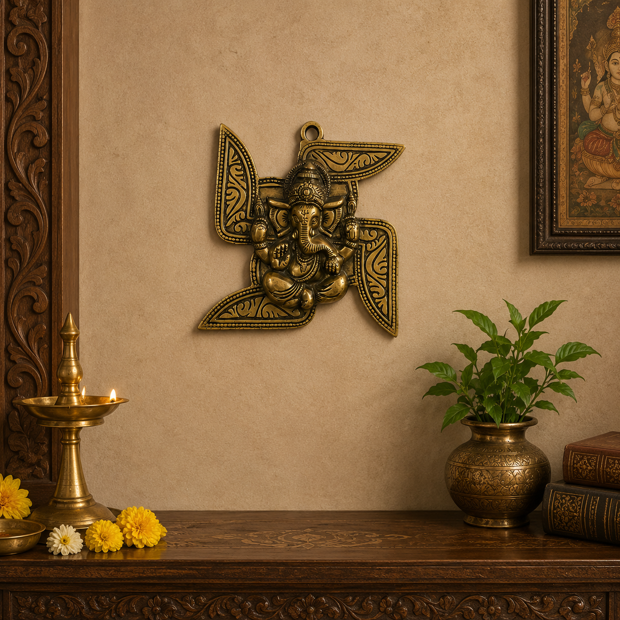 Vighnaharta Swastik – Brass Wall Hanging of Ganesh ji & Swastik Antique FInish – Brass | Pooja Decor | Wedding Gift | Home Decor | Housewarming Gift