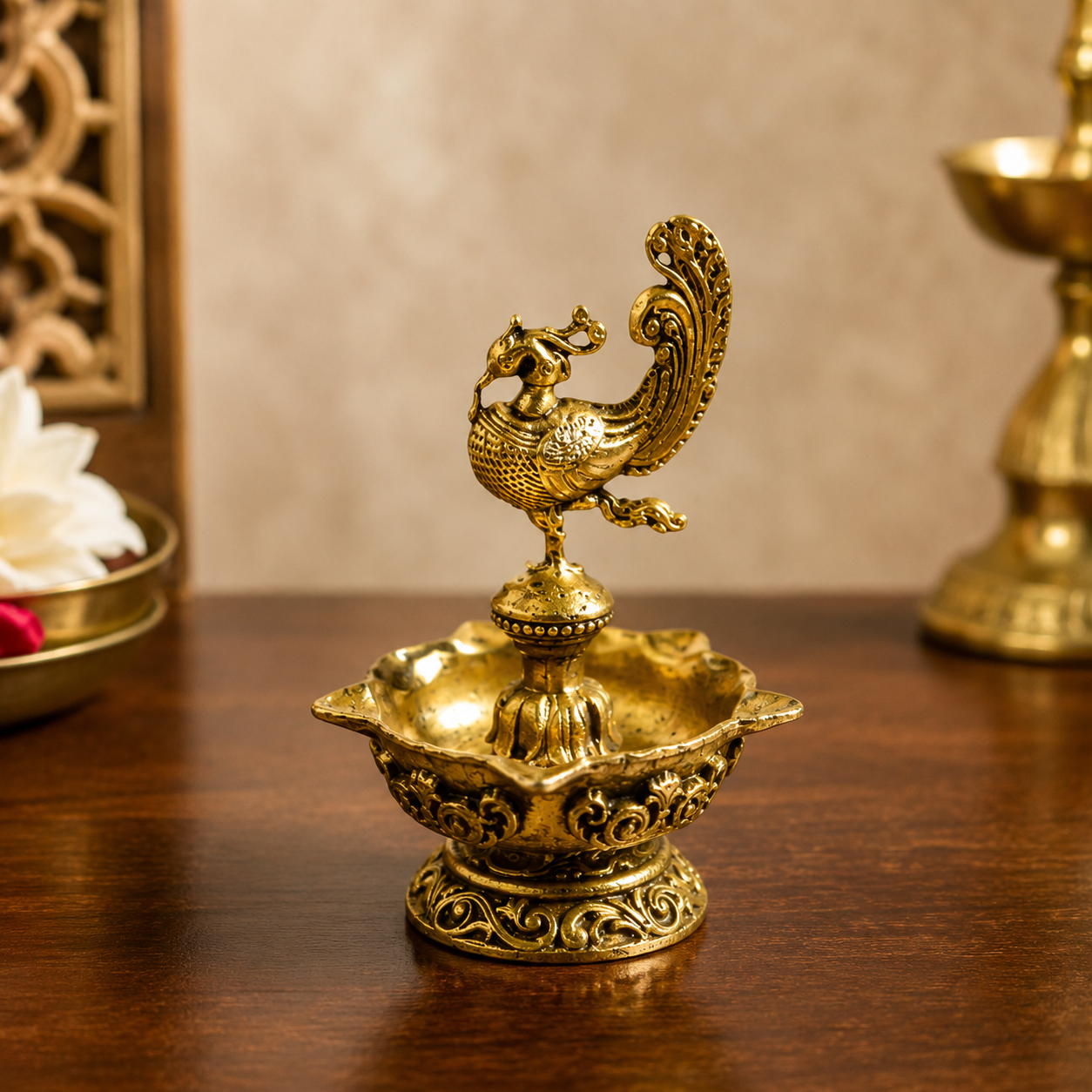 Mor Vilas Diya – Brass Peacock Diya with Decorative Petal Edges – Brass | Pooja Decor | Premium Gifting | Home Decor