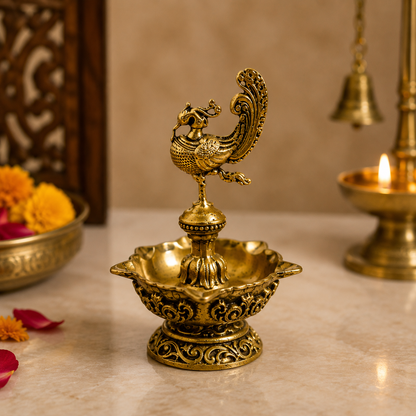 Mor Vilas Diya – Brass Peacock Diya with Decorative Petal Edges – Brass | Pooja Decor | Premium Gifting | Home Decor