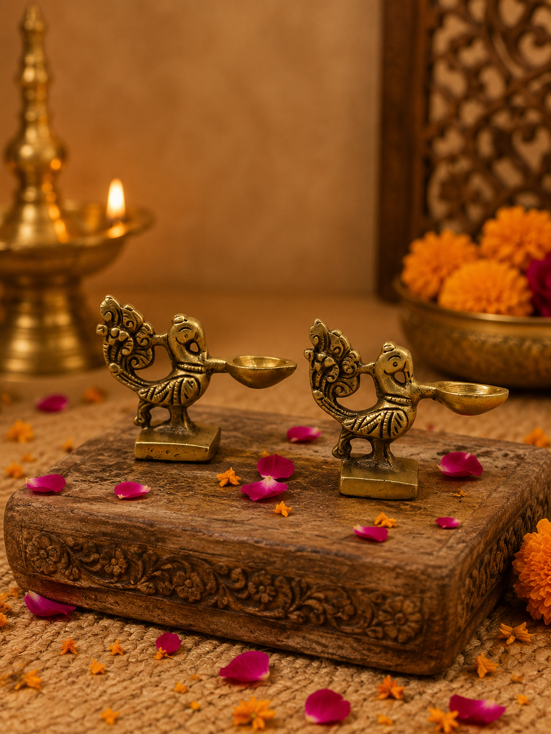Mayur Jodi Diya - Brass Peacock Diya Pair with Regal Carvings – Brass | Pooja Decor | Premium Gifting | Home Decor