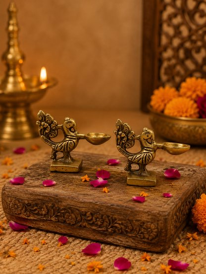 Mayur Jodi Diya - Brass Peacock Diya Pair with Regal Carvings – Brass | Pooja Decor | Premium Gifting | Home Decor