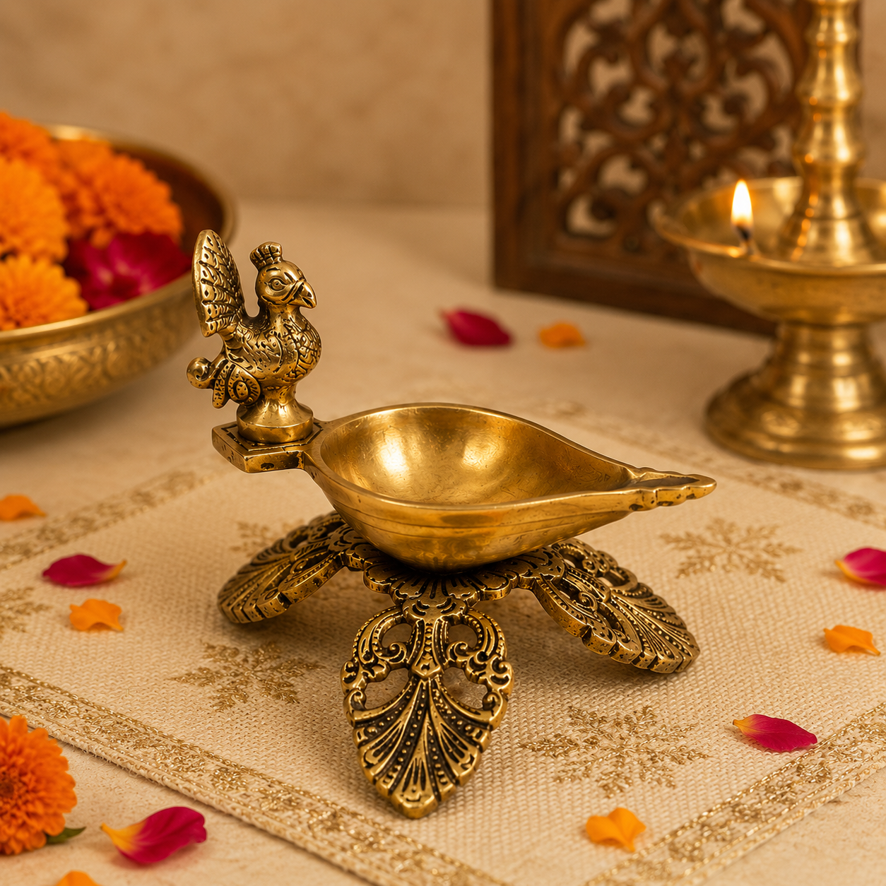 Mor Shringar Diya – Brass Diya with Intricate Feather Motifs – Brass | Pooja Decor | Premium Gifting | Home Decor