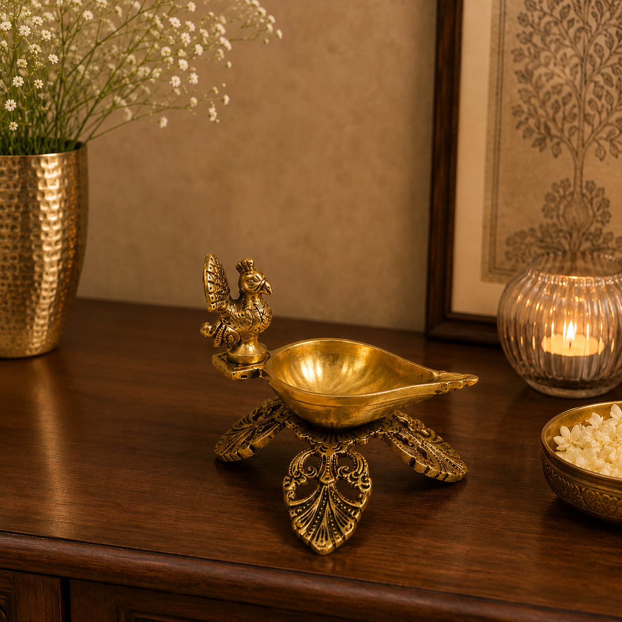 Mor Shringar Diya – Brass Diya with Intricate Feather Motifs – Brass | Pooja Decor | Premium Gifting | Home Decor