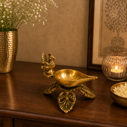 Mor Shringar Diya – Brass Diya with Intricate Feather Motifs – Brass | Pooja Decor | Premium Gifting | Home Decor