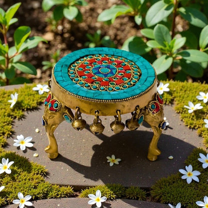 Shringar Vedika – Handcrafted Brass Chowki with Colourful Stonework & Bells – Brass | Pooja Decor | Diwali Gift | Home Decor | Housewarming Gift