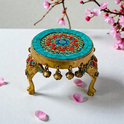 Shringar Vedika – Handcrafted Brass Chowki with Colourful Stonework & Bells – Brass | Pooja Decor | Diwali Gift | Home Decor | Housewarming Gift