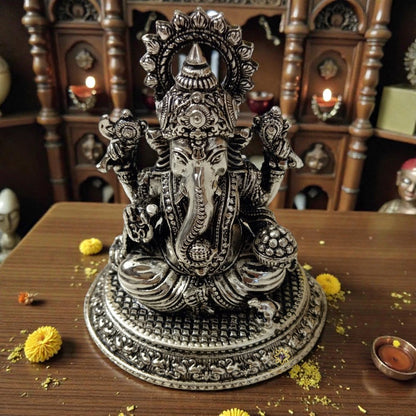 Shubh Sampatti Silver Set – Twin Brass Idols of Wealth & Wisdom – Brass | Pooja Decor | Diwali Gifting | Home Decor | Wedding Gift