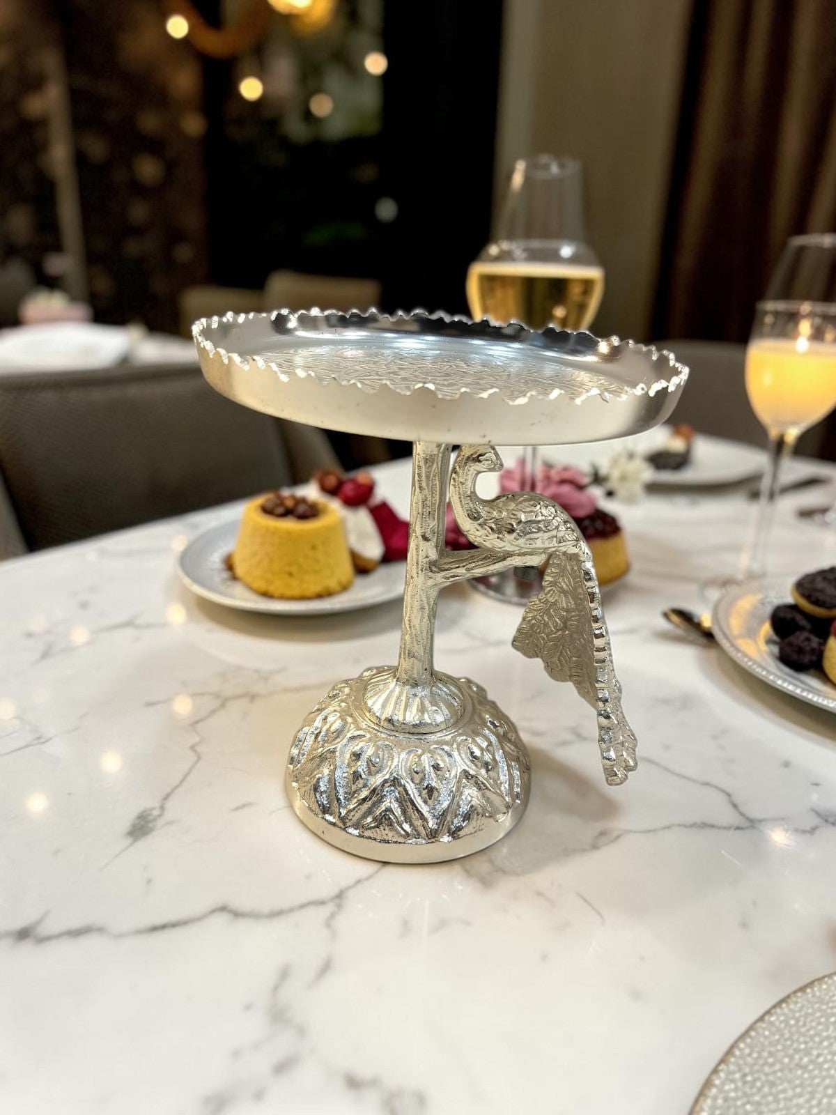 Imperial Peacock Platter – Silver-Finish Stand with Ornate Detailing for Cakes & Sweets – Dining Table Use | Diwali Gifting | Home Decor | Housewarming Gift | Wedding Gift