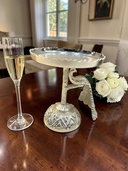 Imperial Peacock Platter – Silver-Finish Stand with Ornate Detailing for Cakes & Sweets – Dining Table Use | Diwali Gifting | Home Decor | Housewarming Gift | Wedding Gift