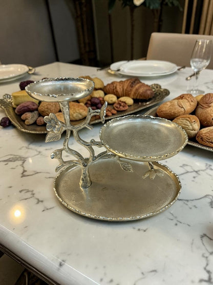 Luxe Bloom Stand – Silver-Finish Three-Tier Snack Platter with Floral Detailing – Dining Table Use | Diwali Gifting | Home Decor | Housewarming Gift | Wedding Gift