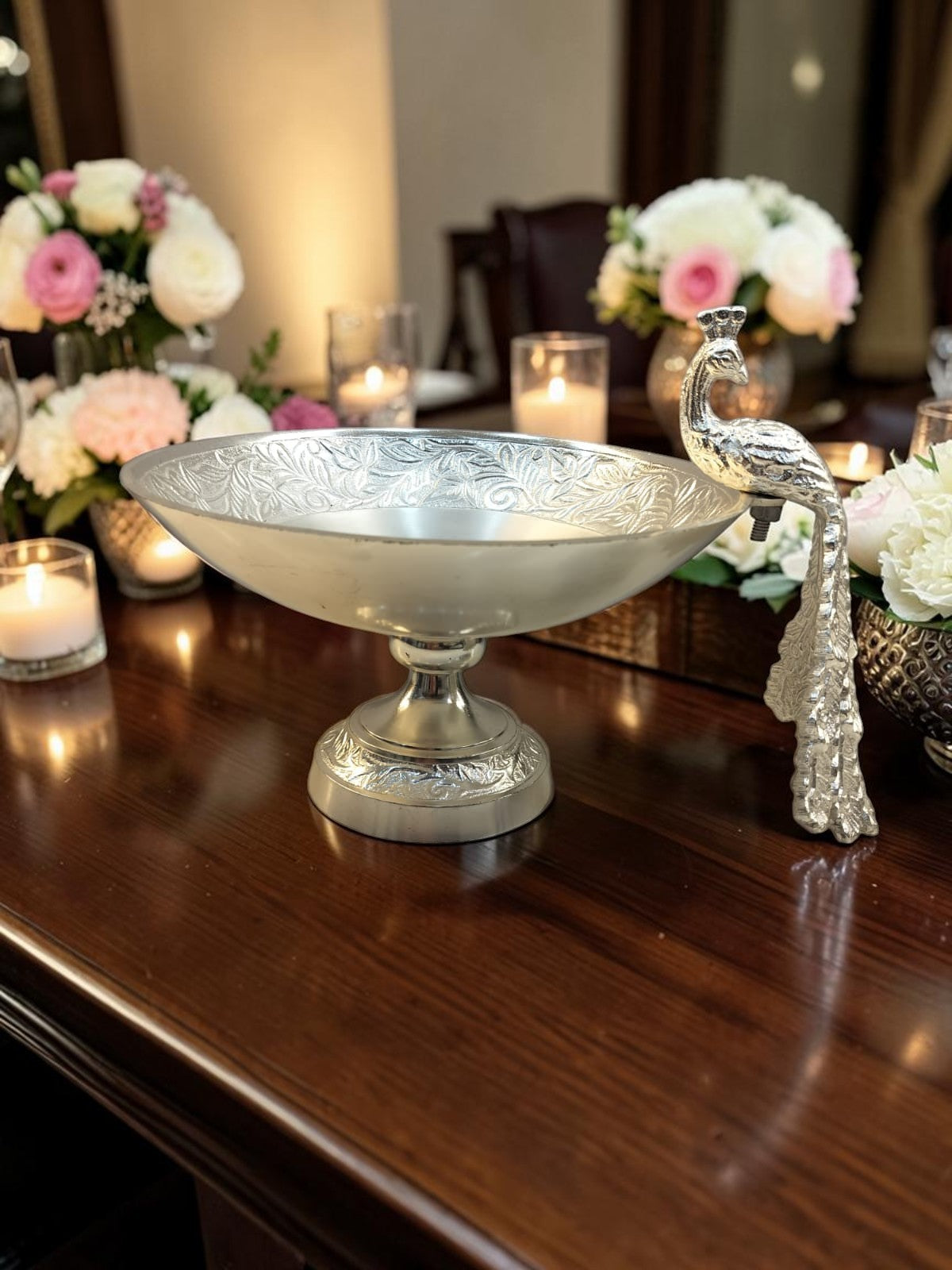 Majestic Peacock Chalice – Silver-Finish Bowl with Royal Peacock and Ornate Detailing – Dining Table Use | Diwali Gifting | Home Decor | Housewarming Gift | Wedding Gift