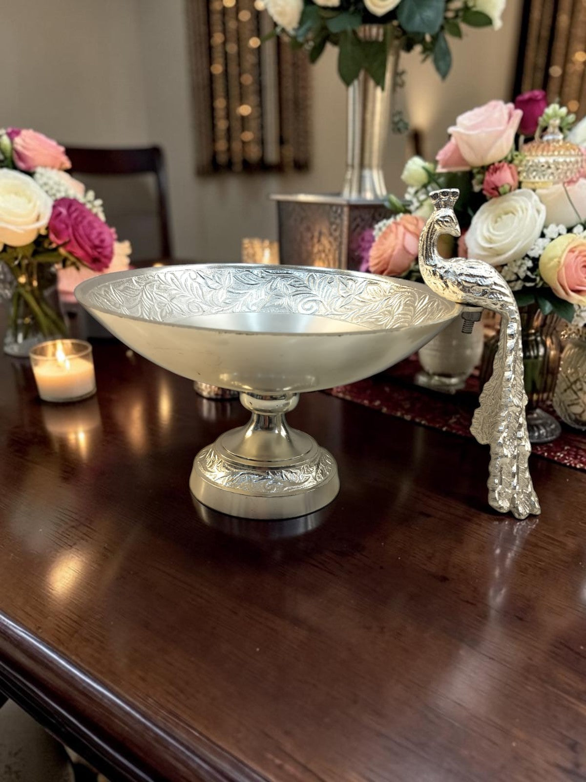 Majestic Peacock Chalice – Silver-Finish Bowl with Royal Peacock and Ornate Detailing – Dining Table Use | Diwali Gifting | Home Decor | Housewarming Gift | Wedding Gift