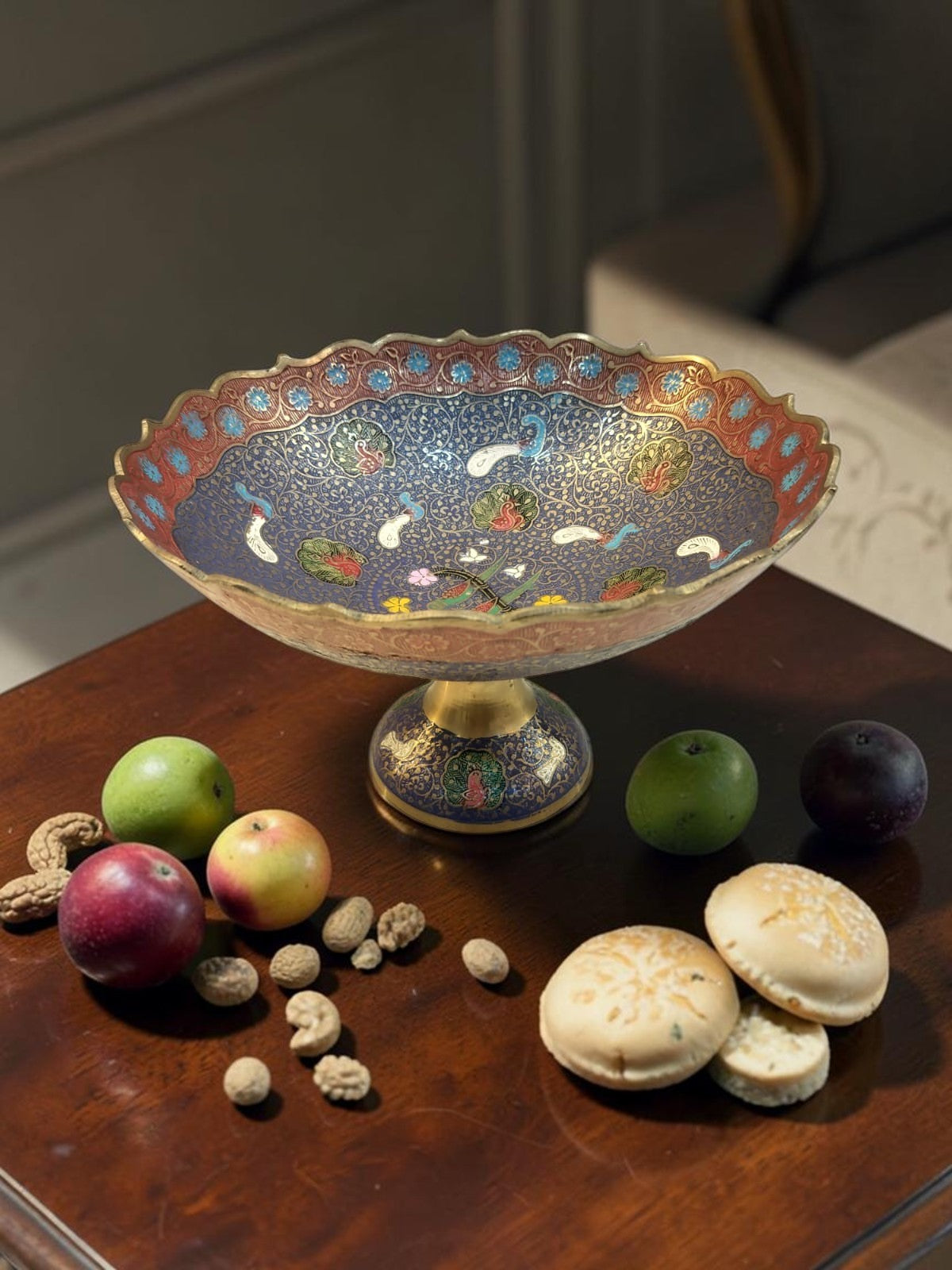 MorMeenakshi Bowl – Brass Pedestal Bowl with Handcrafted Meenakari & Peacock Motifs – Brass | Diwali Gifting | Home Decor | Housewarming Gift | Corporate Gifting