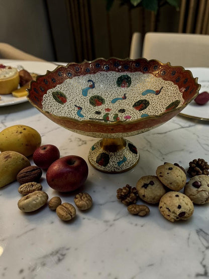 ShwetMeenakshi Bowl – Brass Pedestal Bowl with White Meenakari & Peacock Motifs – Brass | Diwali Gifting | Home Decor | Housewarming Gift | Corporate Gifting
